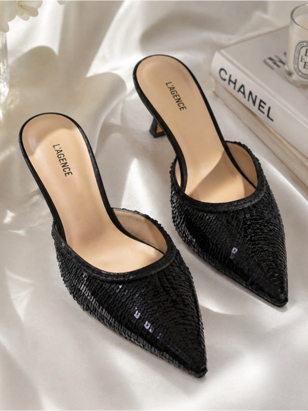 L’AGENCE Black Sequin Pointed Toe Mules ✨ Designer Heels | Size 8.5 | NEW